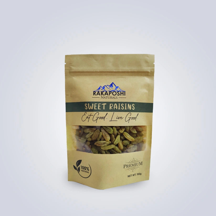 A package of Rakaposhi Naturals Sweet Raisins. The packaging is beige with a clear window showing the raisins inside.