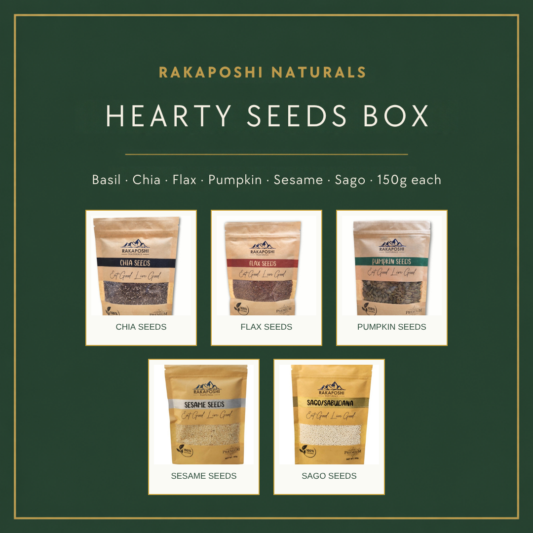 Hearty Seeds Box: basil, chia, flax, pumpkin, sesame and sago seeds