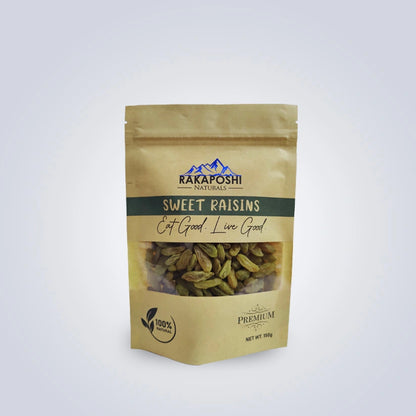 A package of Rakaposhi Naturals Sweet Raisins. The packaging is beige with a clear window showing the raisins inside.