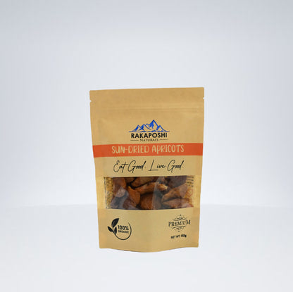 A package of Rakaposhi Naturals sun-dried apricots labeled 'Eat Good Live Good', sourced from Gilgit-Baltistan.
