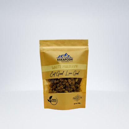 White dried mulberries in a resealable pouch showing light colored mulberries